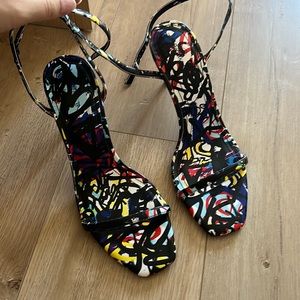 Fun graffiti inspired heeled sandals never worn